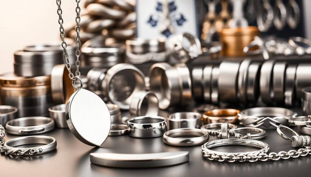 A high-quality stainless steel jewelry assortment, including various types and finishes. In the foreground, a stunning HonHo Jewelry necklace with a polished, mirror-like finish. In the middle ground, a range of stainless steel rings, bracelets, and earrings in satin, brushed, and matte textures. The background showcases a selection of stainless steel jewelry components, such as clasps, charms, and findings, all illuminated by soft, directional lighting that accentuates the metal's natural sheen and elegant appeal. The overall scene conveys the durability, versatility, and refined aesthetic of stainless steel as a premier material for contemporary jewelry design. A high-quality stainless steel jewelry assortment, including various types and finishes. In the foreground, a stunning HonHo Jewelry necklace with a polished, mirror-like finish. In the middle ground, a range of stainless steel rings, bracelets, and earrings in satin, brushed, and matte textures. The background showcases a selection of stainless steel jewelry components, such as clasps, charms, and findings, all illuminated by soft, directional lighting that accentuates the metal's natural sheen and elegant appeal. The overall scene conveys the durability, versatility, and refined aesthetic of stainless steel as a premier material for contemporary jewelry design.