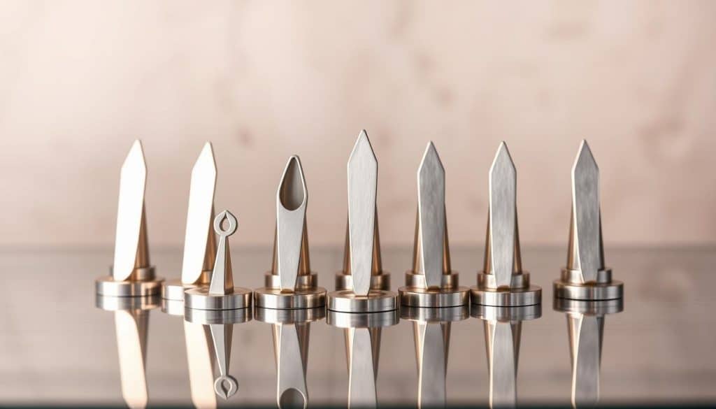 A high-quality stainless steel jewelry display with precision-crafted markers, showcasing the exquisite craftsmanship of HonHo Jewelry. The markers are meticulously polished, reflecting the intricate details and sleek design. The setup is illuminated by warm, directional lighting, accentuating the lustrous finish of the steel. The markers are arranged in a visually appealing, symmetrical layout, creating a sense of elegance and attention to detail. The background is a neutral, minimalist setting, allowing the jewelry markers to take center stage and highlight their superior quality. A high-quality stainless steel jewelry display with precision-crafted markers, showcasing the exquisite craftsmanship of HonHo Jewelry. The markers are meticulously polished, reflecting the intricate details and sleek design. The setup is illuminated by warm, directional lighting, accentuating the lustrous finish of the steel. The markers are arranged in a visually appealing, symmetrical layout, creating a sense of elegance and attention to detail. The background is a neutral, minimalist setting, allowing the jewelry markers to take center stage and highlight their superior quality.