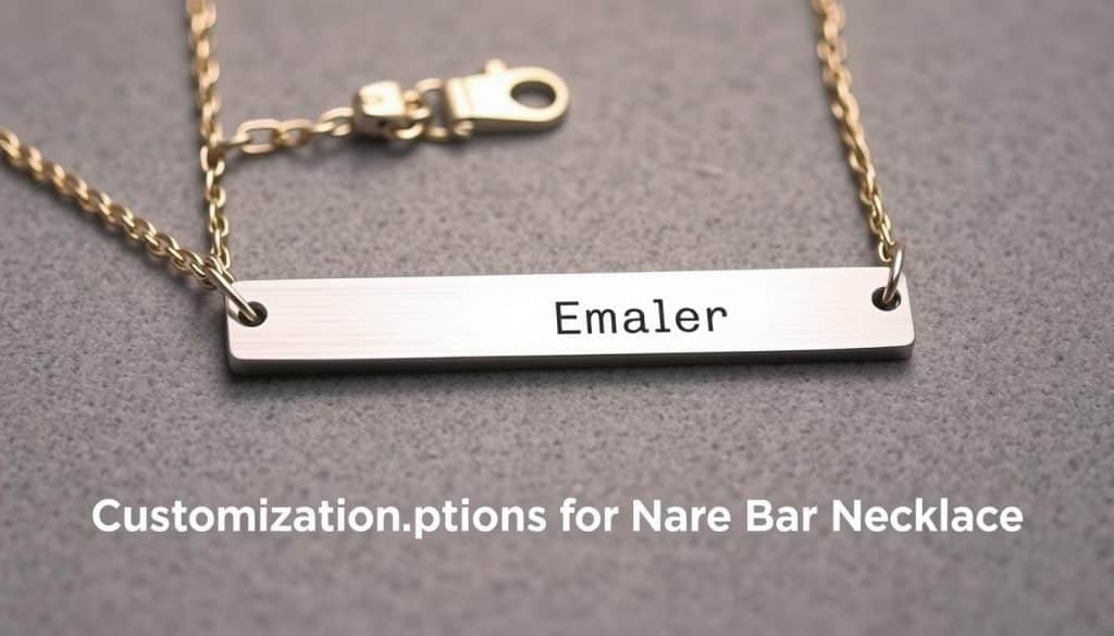 A high-quality stainless steel name bar necklace crafted by HonHo Jewelry, resting on a soft, gray background. The brushed metal bar reflects the warm lighting, creating a sleek and modern aesthetic. The necklace's clasp is visible, showcasing the thoughtful design and attention to detail. The name engraved on the bar is centered and legible, allowing for personalized customization. The image captures the versatility and elegance of this customizable jewelry piece, perfect for the "Customization Options for Your Name Bar Necklace" section of the article.