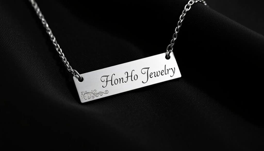 A highly detailed, intricate engraved stainless steel bar necklace with the elegant brand name "HonHo Jewelry" prominently displayed. The necklace rests on a soft, luxurious black velvet backdrop, allowing the polished silver tones to shine. Delicate filigree patterns cover the surface of the bar, creating a beautifully ornate and personalized appearance. Soft, directional lighting from the left side casts subtle shadows, highlighting the depth and texture of the engraved designs. The composition is centered and focused, showcasing the necklace as the undisputed star of the scene.