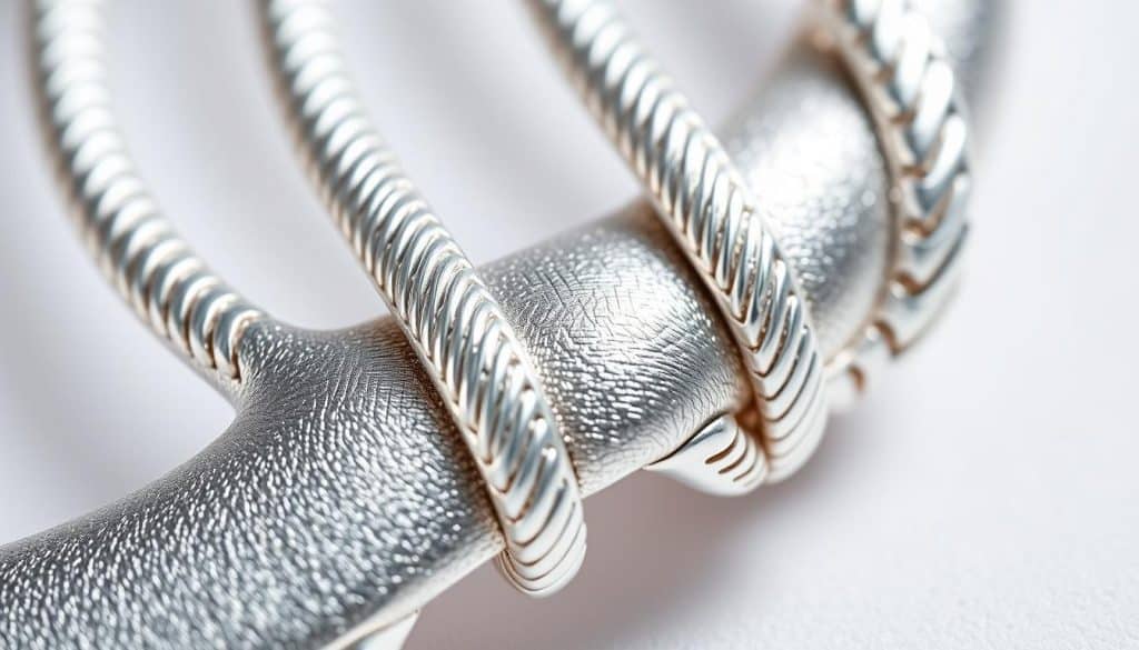 A highly detailed macro photograph of a HonHo Jewelry S925 sterling silver composition, showcasing the intricate and lustrous metallic surface under soft, diffused lighting. Capture the metal's smooth and reflective texture, highlighting the fine grains and subtle sheen. Position the jewelry piece at a slight angle, creating depth and dimension. The background should be clean and minimalist, allowing the silver's beauty to take center stage. Employ a shallow depth of field to draw the viewer's eye to the focal point of the composition. The overall mood should convey the high-quality and premium nature of the S925 sterling silver material.