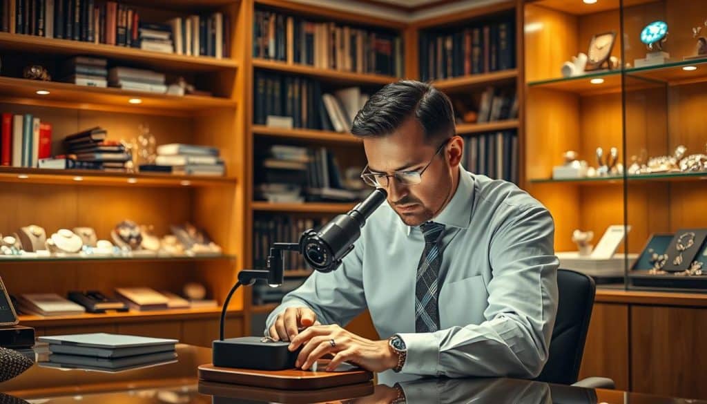 A jewelry appraiser sitting at a desk in a well-lit, professional office. The appraiser, wearing a crisp button-down shirt and tie, is intently examining a piece of jewelry through a jeweler's loupe. Shelves of books and display cases filled with various gemstones and jewelry adorn the walls, creating a sense of expertise and authority. Warm, indirect lighting casts a subtle glow, accentuating the appraiser's concentration. The scene conveys a atmosphere of professionalism, attention to detail, and trustworthiness - qualities that would inspire confidence in a customer seeking a reputable local jewelry appraiser.