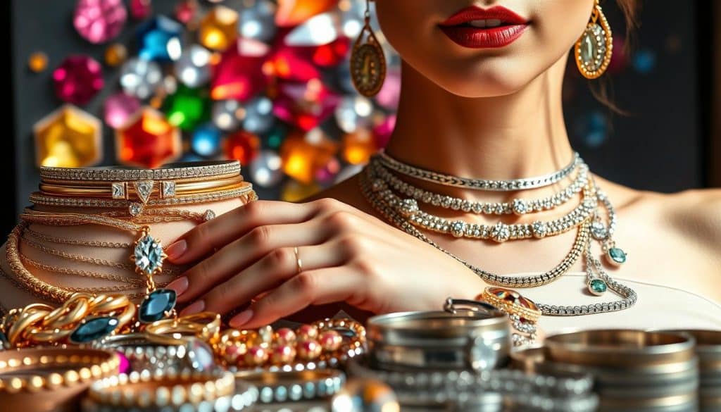 A jewelry-filled tabletop scene showcasing HonHo Jewelry's stunning metal layering. In the foreground, a harmonious mix of polished gold, gleaming silver, and sleek titanium adorn the model's neck, wrists, and fingers. Mid-ground features a vibrant backdrop of vibrant gemstones and sparkling crystals, accentuating the metals' interplay. Soft, directional lighting casts subtle shadows, lending depth and dimension. The overall atmosphere exudes a sense of luxurious elegance, inviting the viewer to explore the captivating world of mixed metal jewelry. A jewelry-filled tabletop scene showcasing HonHo Jewelry's stunning metal layering. In the foreground, a harmonious mix of polished gold, gleaming silver, and sleek titanium adorn the model's neck, wrists, and fingers. Mid-ground features a vibrant backdrop of vibrant gemstones and sparkling crystals, accentuating the metals' interplay. Soft, directional lighting casts subtle shadows, lending depth and dimension. The overall atmosphere exudes a sense of luxurious elegance, inviting the viewer to explore the captivating world of mixed metal jewelry.