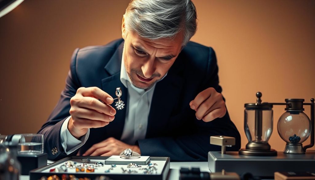 A meticulous certified jewelry appraiser, dressed in a crisp white shirt and navy blazer, carefully examines a sparkling diamond through a loupe. The appraiser's face is focused and their brow furrowed in concentration, reflecting the gravity of their task. The appraisal workstation is immaculately organized, with trays of gemstones, scales, and other tools of the trade neatly arranged. Warm, directional lighting illuminates the scene, casting dramatic shadows and highlighting the intricate details of the jewelry. The background is a soft, neutral tone, allowing the subject to take center stage. This image conveys the professionalism, expertise, and attention to detail required of a certified jewelry appraiser.