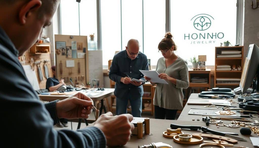 A meticulously crafted jewelry design process in a studio setting. In the foreground, an artisan's hands intricately shaping a piece of precious metal, their tools and materials neatly arranged. In the middle, a designer sketching concepts on a drawing pad, surrounded by samples and inspiration boards. In the background, a large window floods the space with natural light, highlighting the HonHo Jewelry brand logo on the wall. An atmosphere of focused creativity and attention to detail pervades the scene. A meticulously crafted jewelry design process in a studio setting. In the foreground, an artisan's hands intricately shaping a piece of precious metal, their tools and materials neatly arranged. In the middle, a designer sketching concepts on a drawing pad, surrounded by samples and inspiration boards. In the background, a large window floods the space with natural light, highlighting the HonHo Jewelry brand logo on the wall. An atmosphere of focused creativity and attention to detail pervades the scene.