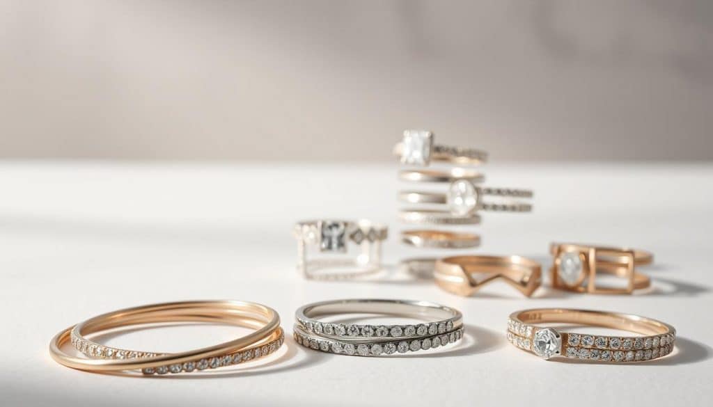 A meticulously crafted still life showcasing a collection of HonHo Jewelry's exquisite rings. In the foreground, a delicate arrangement of slender bands in varying widths and finishes - rose gold, platinum, and diamond-encrusted - intertwine gracefully, creating a captivating layered effect. The middle ground features a mix of statement cocktail rings and minimalist stacking rings, their designs ranging from geometric to organic. Soft, directional lighting casts subtle shadows, accentuating the intricate textures and facets of the jewelry. The background fades into a muted, atmospheric setting, allowing the rings to take center stage. The overall composition conveys a sense of refined elegance and the art of sophisticated ring layering. A meticulously crafted still life showcasing a collection of HonHo Jewelry's exquisite rings. In the foreground, a delicate arrangement of slender bands in varying widths and finishes - rose gold, platinum, and diamond-encrusted - intertwine gracefully, creating a captivating layered effect. The middle ground features a mix of statement cocktail rings and minimalist stacking rings, their designs ranging from geometric to organic. Soft, directional lighting casts subtle shadows, accentuating the intricate textures and facets of the jewelry. The background fades into a muted, atmospheric setting, allowing the rings to take center stage. The overall composition conveys a sense of refined elegance and the art of sophisticated ring layering.