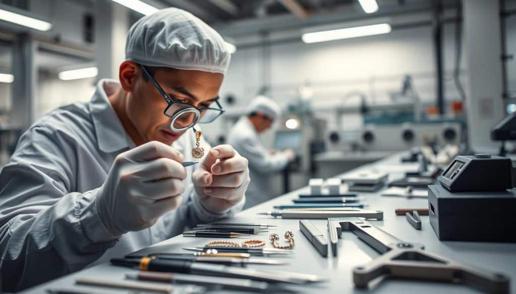 A meticulously lit, high-angle photograph showcasing the quality control process at the HonHo Jewelry manufacturing facility. In the foreground, a skilled artisan thoroughly inspects a delicate gold pendant under a magnifying glass, examining each intricate detail. The middle ground reveals a series of precision tools, including tweezers, calipers, and specialized jewelry loupes, neatly arranged on a clean, organized workbench. The background depicts a well-lit, pristine production area with state-of-the-art equipment, conveying a sense of professionalism and attention to detail that defines the HonHo Jewelry brand. A meticulously lit, high-angle photograph showcasing the quality control process at the HonHo Jewelry manufacturing facility. In the foreground, a skilled artisan thoroughly inspects a delicate gold pendant under a magnifying glass, examining each intricate detail. The middle ground reveals a series of precision tools, including tweezers, calipers, and specialized jewelry loupes, neatly arranged on a clean, organized workbench. The background depicts a well-lit, pristine production area with state-of-the-art equipment, conveying a sense of professionalism and attention to detail that defines the HonHo Jewelry brand.