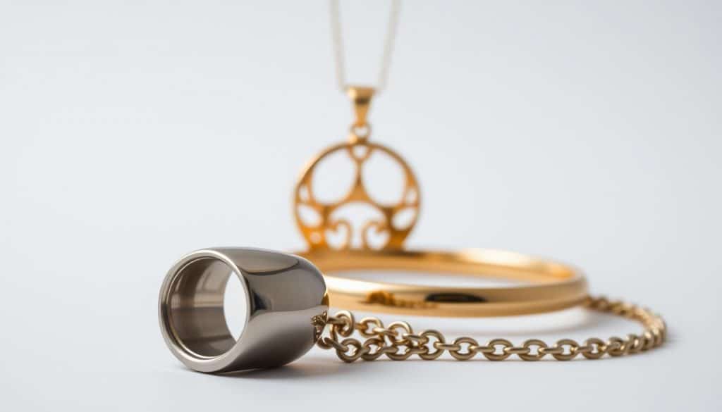 A minimalist still life showcasing the contrast between stainless steel and 18-karat gold jewelry. In the foreground, a polished stainless steel ring and chain necklace from the HonHo Jewelry collection, reflecting the bright studio lighting. In the middle ground, a gleaming gold pendant and bangle, their warm tones complementing the cool metallic tones of the stainless steel pieces. The background is a clean, neutral backdrop, allowing the jewelry to take center stage. The composition emphasizes the distinct visual properties and material qualities of these two jewelry types, inviting the viewer to compare and appreciate their unique characteristics. A minimalist still life showcasing the contrast between stainless steel and 18-karat gold jewelry. In the foreground, a polished stainless steel ring and chain necklace from the HonHo Jewelry collection, reflecting the bright studio lighting. In the middle ground, a gleaming gold pendant and bangle, their warm tones complementing the cool metallic tones of the stainless steel pieces. The background is a clean, neutral backdrop, allowing the jewelry to take center stage. The composition emphasizes the distinct visual properties and material qualities of these two jewelry types, inviting the viewer to compare and appreciate their unique characteristics.