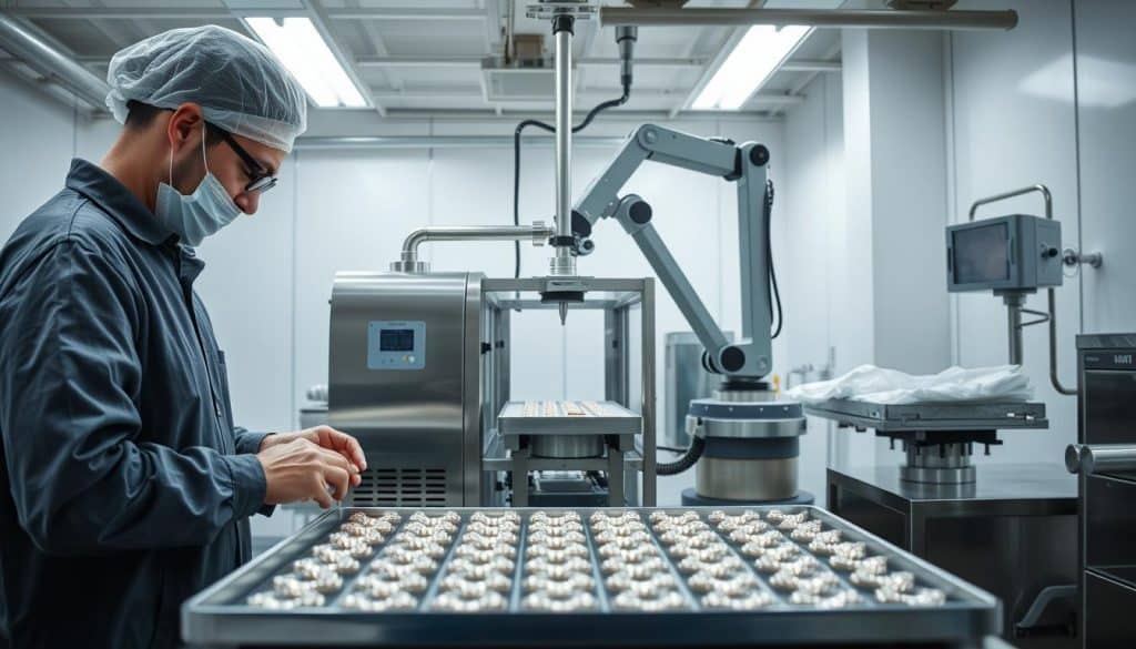 A modern manufacturing facility with sleek, stainless steel equipment and pristine white walls. In the foreground, a worker carefully inspects a tray of gleaming jewelry pieces under bright, diffused lighting. In the middle ground, an automated polishing station meticulously buffs the items, while in the background, a robotic arm carefully places processed jewelry into specialized anti-tarnish packaging. The atmosphere is one of precision, efficiency, and a commitment to preserving the luster of high-quality jewelry. The scene conveys the technical expertise and attention to detail that characterize HonHo's anti-tarnish manufacturing process.