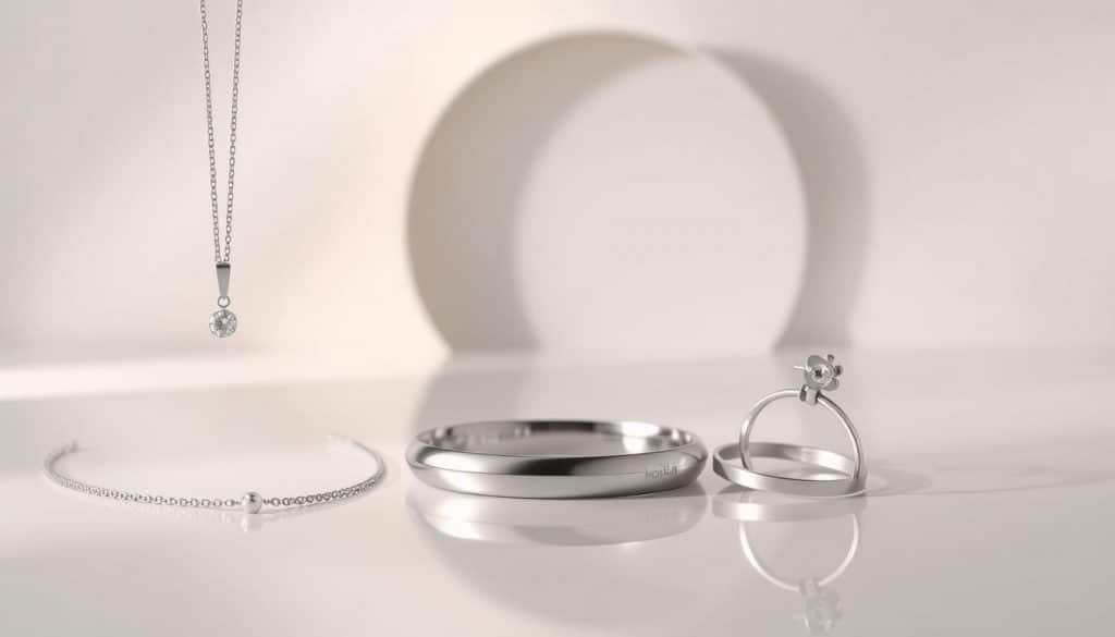 A photorealistic image of the benefits of stainless steel jewelry, showcased in a sleek and modern display. In the foreground, a collection of HonHo Jewelry pieces, including a necklace, bracelet, and earrings, arranged on a smooth, reflective surface. The middle ground features a minimalist background, with subtle gradients and clean lines, highlighting the jewelry's elegant simplicity. The lighting is soft and directional, casting gentle shadows and accentuating the jewelry's lustrous finish. The overall mood is one of sophistication and refinement, inviting the viewer to appreciate the durability, hypoallergenic properties, and timeless appeal of stainless steel jewelry. A photorealistic image of the benefits of stainless steel jewelry, showcased in a sleek and modern display. In the foreground, a collection of HonHo Jewelry pieces, including a necklace, bracelet, and earrings, arranged on a smooth, reflective surface. The middle ground features a minimalist background, with subtle gradients and clean lines, highlighting the jewelry's elegant simplicity. The lighting is soft and directional, casting gentle shadows and accentuating the jewelry's lustrous finish. The overall mood is one of sophistication and refinement, inviting the viewer to appreciate the durability, hypoallergenic properties, and timeless appeal of stainless steel jewelry.