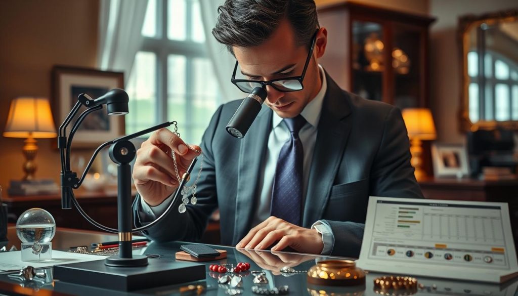 A professional jewelry appraisal scene set in a well-lit, elegant interior. A smartly dressed appraiser examines a delicate necklace through a jeweler's loupe, carefully inspecting the intricate details and quality. The appraiser's workstation is adorned with an array of tools, gemstones, and a professional grading chart. The background features a tasteful, refined decor with warm lighting, creating an atmosphere of expertise and attention to detail. The overall composition emphasizes the thoughtful, meticulous process of a professional jewelry appraisal.