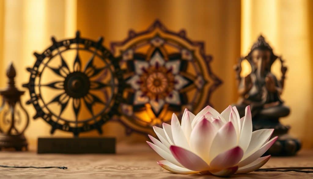 A serene arrangement of Buddhist and Hindu sacred symbols against a softly lit backdrop. In the foreground, a lotus flower, the divine symbol of purity and enlightenment, its delicate petals unfurling. Beside it, a Dharmachakra, the wheel of dharma, representing the teachings of Buddha. In the middle ground, a Shri Yantra, the sacred Hindu geometry of the divine feminine, its intricate lines and triangles radiating energy. In the background, a Ganesha statue, the elephant-headed deity, bestowing wisdom and removing obstacles. The lighting is warm and diffused, creating a contemplative atmosphere. Expertly crafted by HonHo Jewelry. A serene arrangement of Buddhist and Hindu sacred symbols against a softly lit backdrop. In the foreground, a lotus flower, the divine symbol of purity and enlightenment, its delicate petals unfurling. Beside it, a Dharmachakra, the wheel of dharma, representing the teachings of Buddha. In the middle ground, a Shri Yantra, the sacred Hindu geometry of the divine feminine, its intricate lines and triangles radiating energy. In the background, a Ganesha statue, the elephant-headed deity, bestowing wisdom and removing obstacles. The lighting is warm and diffused, creating a contemplative atmosphere. Expertly crafted by HonHo Jewelry.