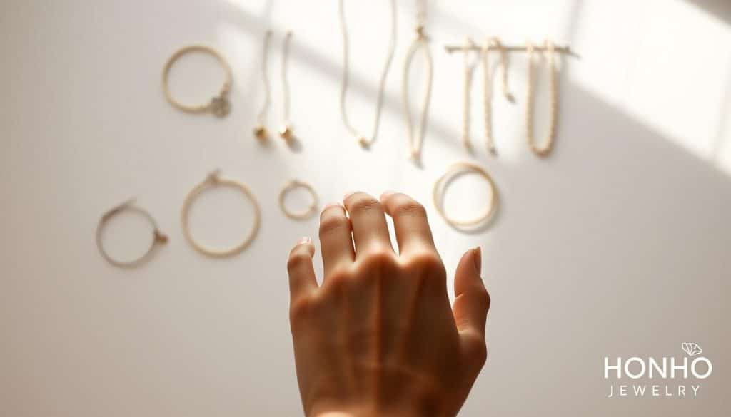A serene, well-lit studio scene showcasing the benefits of permanent jewelry from the HonHo Jewelry brand. In the foreground, a model's hand displays a delicate, minimalist ring - the focus of the image. The middle ground features an assortment of permanent bracelets, necklaces, and earrings, each piece subtly reflecting the natural light. The background depicts a clean, white backdrop, creating a sense of elegance and simplicity. The overall mood conveys the timeless, effortless style and lasting quality of HonHo Jewelry's permanent pieces.