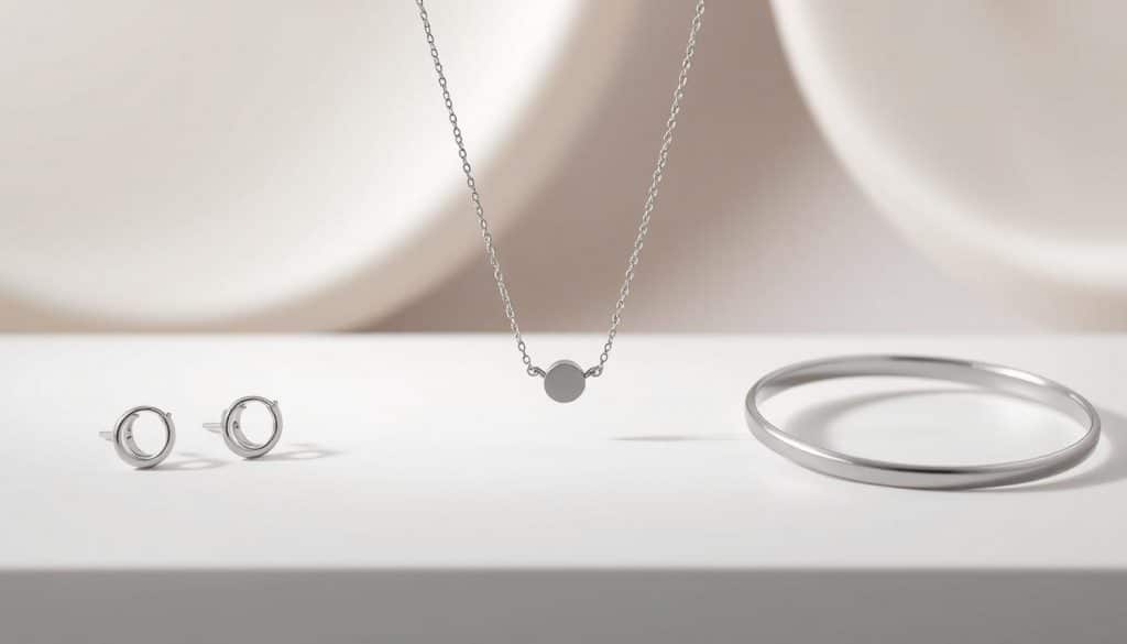 A sleek and modern jewelry display showcasing a variety of hypoallergenic pieces from the HonHo Jewelry brand. The centerpiece is a delicate necklace crafted from titanium, its minimalist design accentuated by soft, directional lighting. Surrounding it are matching earrings and a bracelet made from surgical-grade stainless steel, their surfaces polished to a shine. In the background, a smooth, seamless backdrop in a neutral tone complements the clean aesthetic. The overall composition exudes a sense of sophistication and careful attention to detail, highlighting the high-quality, nickel-free materials used in the HonHo Jewelry collection. A sleek and modern jewelry display showcasing a variety of hypoallergenic pieces from the HonHo Jewelry brand. The centerpiece is a delicate necklace crafted from titanium, its minimalist design accentuated by soft, directional lighting. Surrounding it are matching earrings and a bracelet made from surgical-grade stainless steel, their surfaces polished to a shine. In the background, a smooth, seamless backdrop in a neutral tone complements the clean aesthetic. The overall composition exudes a sense of sophistication and careful attention to detail, highlighting the high-quality, nickel-free materials used in the HonHo Jewelry collection.