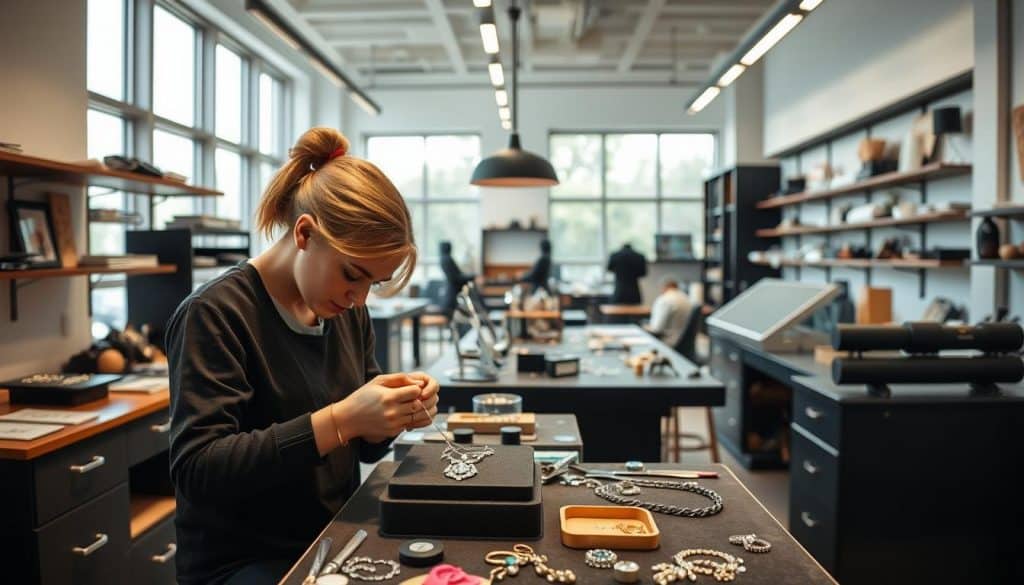 A sleek, modern jewelry workshop with a focus on crafting custom pieces. In the foreground, a skilled artisan carefully works on a delicate necklace featuring the HonHo Jewelry brand. The middle ground showcases various tools and materials, including gemstones, precious metals, and specialized equipment. In the background, a well-lit, airy space with large windows provides an ideal environment for the creation of high-quality, personalized jewelry. The overall atmosphere conveys a sense of precision, attention to detail, and a dedication to the art of custom jewelry making. A sleek, modern jewelry workshop with a focus on crafting custom pieces. In the foreground, a skilled artisan carefully works on a delicate necklace featuring the HonHo Jewelry brand. The middle ground showcases various tools and materials, including gemstones, precious metals, and specialized equipment. In the background, a well-lit, airy space with large windows provides an ideal environment for the creation of high-quality, personalized jewelry. The overall atmosphere conveys a sense of precision, attention to detail, and a dedication to the art of custom jewelry making.