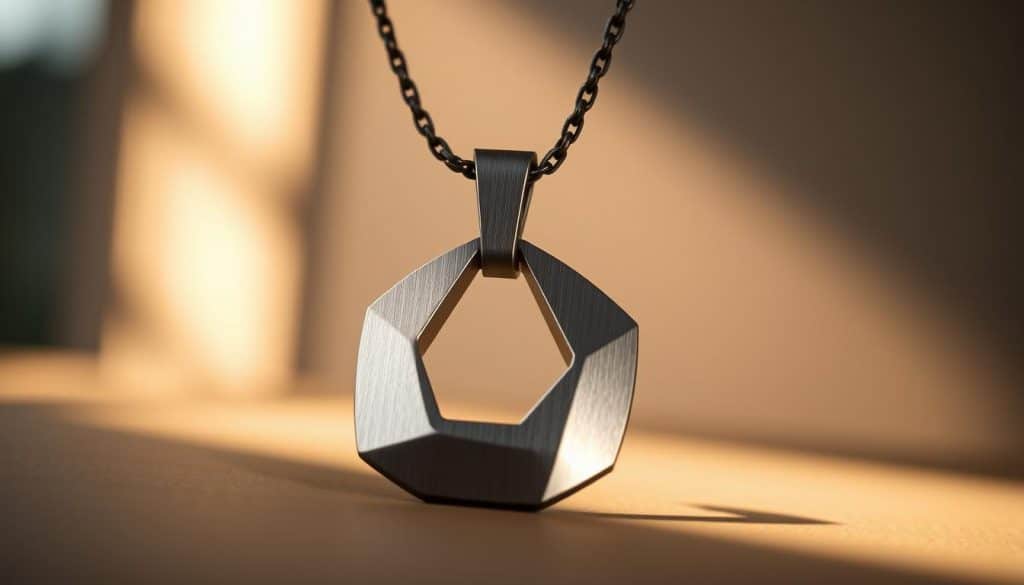 A sleek, timeless titanium nitride necklace from the HonHo Jewelry collection glistens under soft, directional lighting. The necklace's lustrous, gunmetal-grey surface reflects the warm, ambient light, creating a sense of depth and texture. The pendant features a minimalist, geometric design that exudes modern elegance. The clasp mechanism is expertly engineered, showcasing the material's durability and precision craftsmanship. The image is captured from a slightly low angle, highlighting the necklace's striking silhouette against an out-of-focus, neutral background, emphasizing its focal point and timeless appeal.