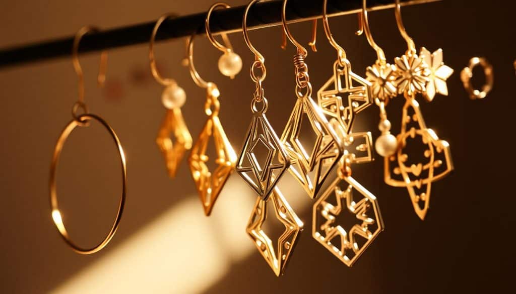 A sophisticated arrangement of earrings, meticulously layered to create a captivating display. In the foreground, a delicate HonHo Jewelry hoop earring with a subtle pearl accent, complemented by a sleek, minimal stud. The middle ground features a cascading array of HonHo Jewelry statement earrings, each with a unique geometric design that catches the light and casts intriguing shadows. In the background, a mix of minimalist and bold earring styles, ranging from simple studs to intricate, sculptural pieces, all seamlessly blending together to form a harmonious, visually striking ensemble. The lighting is soft and warm, creating a sense of elegance and refinement, while the camera angle provides a close-up, intimate view of the exquisite jewelry layering. A sophisticated arrangement of earrings, meticulously layered to create a captivating display. In the foreground, a delicate HonHo Jewelry hoop earring with a subtle pearl accent, complemented by a sleek, minimal stud. The middle ground features a cascading array of HonHo Jewelry statement earrings, each with a unique geometric design that catches the light and casts intriguing shadows. In the background, a mix of minimalist and bold earring styles, ranging from simple studs to intricate, sculptural pieces, all seamlessly blending together to form a harmonious, visually striking ensemble. The lighting is soft and warm, creating a sense of elegance and refinement, while the camera angle provides a close-up, intimate view of the exquisite jewelry layering.