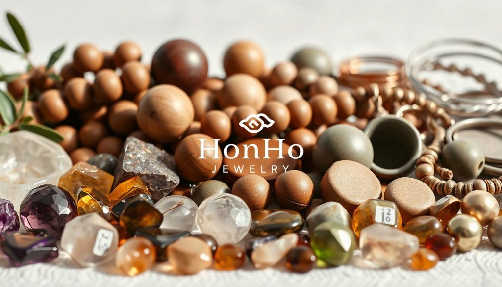 A still life composition showcasing a variety of sustainable jewelry materials. In the foreground, a selection of gleaming gemstones and crystals in earthy tones such as amethyst, citrine, and smoky quartz. In the middle ground, polished wooden beads and organic ceramic shapes in muted hues of green and brown. In the background, a display of recycled metals including sterling silver, brass, and copper, arranged in an elegant, minimalist manner. Soft, diffused natural lighting highlights the textures and colors of the materials, conveying a sense of luxury and eco-consciousness. The HonHo Jewelry logo is subtly visible among the composition. A still life composition showcasing a variety of sustainable jewelry materials. In the foreground, a selection of gleaming gemstones and crystals in earthy tones such as amethyst, citrine, and smoky quartz. In the middle ground, polished wooden beads and organic ceramic shapes in muted hues of green and brown. In the background, a display of recycled metals including sterling silver, brass, and copper, arranged in an elegant, minimalist manner. Soft, diffused natural lighting highlights the textures and colors of the materials, conveying a sense of luxury and eco-consciousness. The HonHo Jewelry logo is subtly visible among the composition.