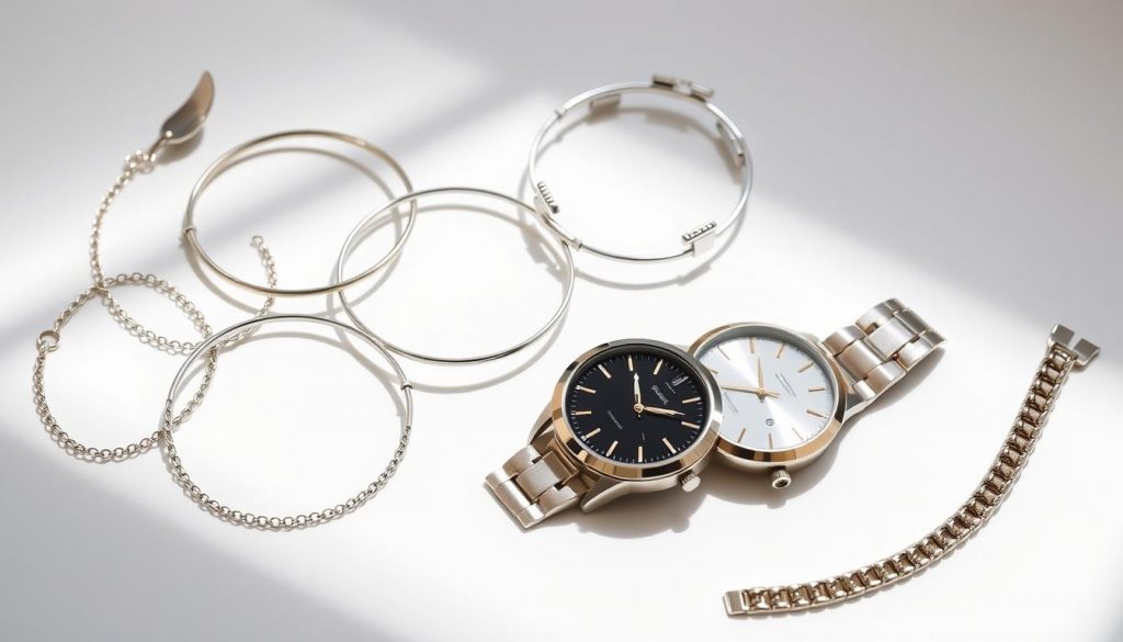 A still life of nickel-free bracelets and watches from the HonHo Jewelry collection, showcased on a clean, white background. The pieces are arranged with care, their gleaming metallic surfaces reflecting the soft, natural lighting from above. The bracelets feature a variety of minimalist designs, some with delicate chain links, others with sleek, geometric patterns. The watches display classic, understated faces, their cases crafted from high-quality, nickel-free materials. The overall composition conveys a sense of elegance, quality, and attention to detail, perfectly suited to illustrate the "Nickel Free Bracelets and Watches" section of the article. A still life of nickel-free bracelets and watches from the HonHo Jewelry collection, showcased on a clean, white background. The pieces are arranged with care, their gleaming metallic surfaces reflecting the soft, natural lighting from above. The bracelets feature a variety of minimalist designs, some with delicate chain links, others with sleek, geometric patterns. The watches display classic, understated faces, their cases crafted from high-quality, nickel-free materials. The overall composition conveys a sense of elegance, quality, and attention to detail, perfectly suited to illustrate the "Nickel Free Bracelets and Watches" section of the article.