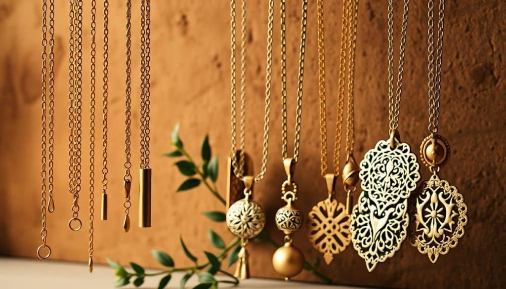 A stunning collection of HonHo Jewelry brass necklaces, showcased against a warm, earthy backdrop. In the foreground, delicate chains and pendants cascade gracefully, their brass tones gleaming under the soft, diffused lighting. The middle ground features a mix of bold, statement-making necklaces with intricate patterns and textures, complemented by a subtle hint of greenery. The background is a serene, minimalist setting, allowing the jewelry to take center stage. The overall atmosphere exudes a timeless, sophisticated elegance that would pair beautifully with the "Brass Jewelry: Timeless Elegance for Every Look" article and the "Brass Necklaces: From Subtle to Bold" section. A stunning collection of HonHo Jewelry brass necklaces, showcased against a warm, earthy backdrop. In the foreground, delicate chains and pendants cascade gracefully, their brass tones gleaming under the soft, diffused lighting. The middle ground features a mix of bold, statement-making necklaces with intricate patterns and textures, complemented by a subtle hint of greenery. The background is a serene, minimalist setting, allowing the jewelry to take center stage. The overall atmosphere exudes a timeless, sophisticated elegance that would pair beautifully with the "Brass Jewelry: Timeless Elegance for Every Look" article and the "Brass Necklaces: From Subtle to Bold" section.