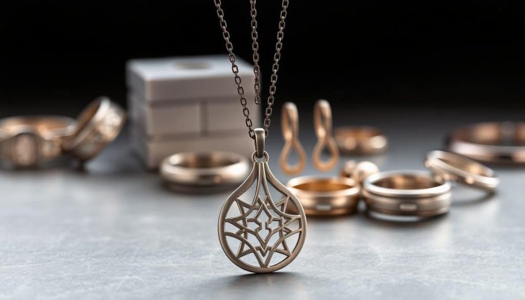 A stunning collection of HonHo Jewelry designs, showcasing the timeless elegance of titanium nitride. In the foreground, an exquisite necklace with a sleek, modern pendant featuring intricate geometric patterns, meticulously crafted with a lustrous titanium nitride finish. The middle ground reveals a pair of sophisticated titanium nitride earrings, their clean lines and subtle shine complementing the necklace. In the background, a mix of titanium nitride rings and bracelets, each piece reflecting the skilled craftsmanship and attention to detail that defines the HonHo Jewelry brand. Captured in a soft, natural lighting that highlights the material's unique properties, this image conveys a sense of timeless sophistication and contemporary style.