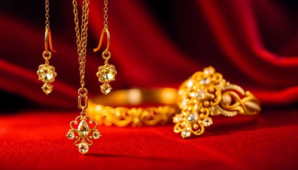 A stunning collection of gold vermeil jewelry shimmering under warm, soft lighting. In the foreground, a delicate necklace with an intricate filigree pendant cascades gracefully. Flanking it, a pair of matching earrings with faceted, glistening stones. In the middle ground, a bracelet and ring set adorned with ornate, gilded designs. The background features a luxurious velvet backdrop, hinting at the quality and elegance of the HonHo creations. Captured with a shallow depth of field, the viewer's focus is drawn to the exquisite craftsmanship and radiant, golden hues of this exceptional jewelry line.