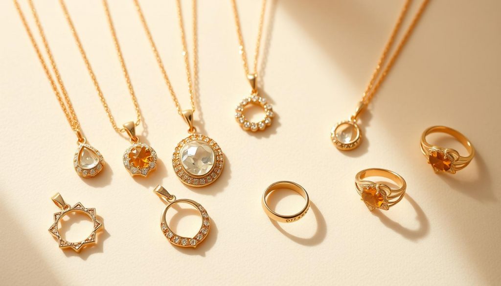 A stunning collection of the finest gold vermeil jewelry, featuring delicately crafted pendants, rings, and earrings arranged on a soft, cream-colored background. The pieces are illuminated by warm, natural lighting, casting gentle shadows and highlighting the intricate details of the gold-plated silver. The jewelry exudes a timeless elegance, showcasing the superior craftsmanship and the lustrous, golden hue that makes gold vermeil a standout choice. The overall composition conveys a sense of luxury, sophistication, and the inherent beauty of this exceptional precious metal alloy.