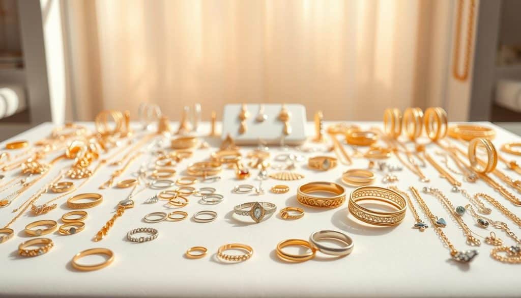 A vibrant and intricately detailed display of permanent jewelry options from the HonHo Jewelry brand. In the foreground, an assortment of delicate gold and silver chains, rings, and bangles adorn a pristine white display surface, illuminated by soft, natural lighting. The middle ground showcases various intricate designs, including minimalist geometric shapes, delicate floral motifs, and sleek, modern styles. In the background, a serene, blurred backdrop suggests a luxurious studio setting, creating a sense of high-end sophistication. The overall composition conveys the elegance, versatility, and enduring quality of permanent jewelry, inviting the viewer to explore the latest trends and discover their ideal personal adornment.