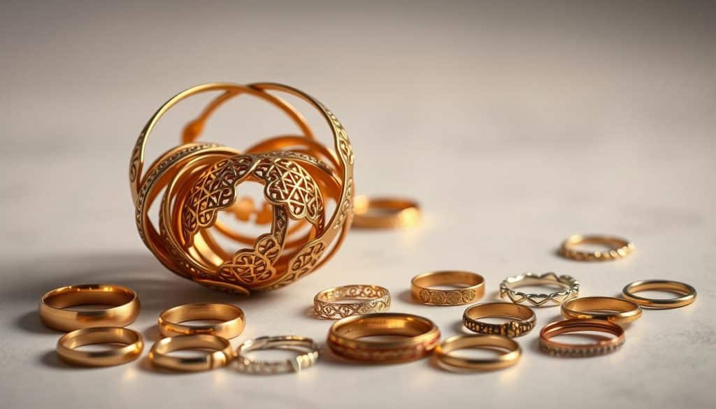 A visually striking arrangement of brass rings in varying shapes and sizes, showcasing the timeless elegance of HonHo Jewelry. The foreground features a central cluster of interlocking rings with intricate patterns, casting warm, reflective tones under soft, directional lighting. The middle ground presents a scattering of individual rings in diverse designs, including smooth bands, textured bands, and rings with delicate filigree accents. In the background, a neutral, minimalist backdrop allows the radiant brass to take center stage, creating an air of sophisticated simplicity. The overall composition conveys a sense of harmonious balance, highlighting the versatility and timeless appeal of brass rings for every style. A visually striking arrangement of brass rings in varying shapes and sizes, showcasing the timeless elegance of HonHo Jewelry. The foreground features a central cluster of interlocking rings with intricate patterns, casting warm, reflective tones under soft, directional lighting. The middle ground presents a scattering of individual rings in diverse designs, including smooth bands, textured bands, and rings with delicate filigree accents. In the background, a neutral, minimalist backdrop allows the radiant brass to take center stage, creating an air of sophisticated simplicity. The overall composition conveys a sense of harmonious balance, highlighting the versatility and timeless appeal of brass rings for every style.