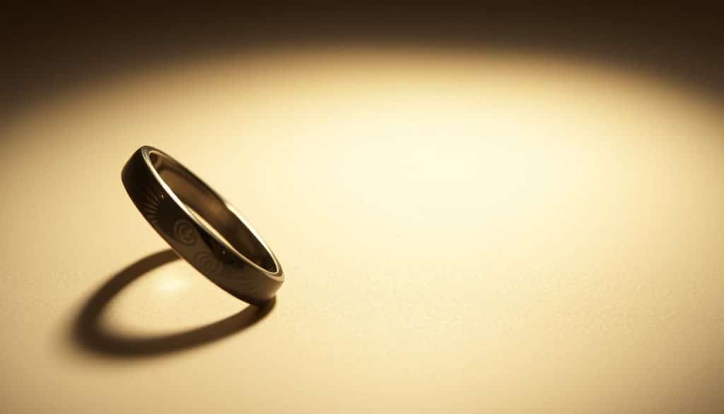 A well-lit, close-up shot of a sustainable titanium nitride PVD jewelry piece from the HonHo Jewelry collection. The jewelry item has a sleek, minimalist design with a polished surface that reflects the light beautifully. The middle ground showcases the intricate patterns and textures created by the PVD coating process, while the background is a soft, neutral-toned studio setup that emphasizes the jewelry's timeless elegance. The lighting is warm and directional, casting subtle shadows that accentuate the dimensional quality of the piece. The overall mood is one of refined sophistication and a commitment to ethical, eco-friendly manufacturing.