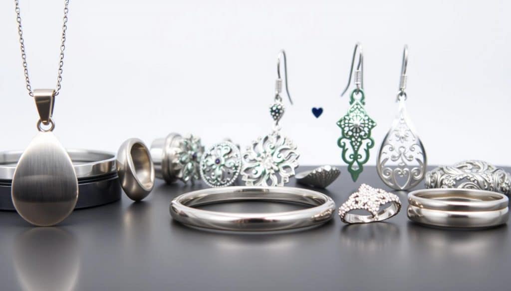 A well-lit display of stainless steel and sterling silver jewelry, showcasing the contrasting finishes and styles. In the foreground, an array of HonHo Jewelry's sleek, minimalist designs in polished stainless steel, including a pendant, a bracelet, and a pair of earrings. In the middle ground, several sterling silver pieces with intricate engraving and filigree detailing, highlighting the differences in texture and sheen. The background features a clean, neutral backdrop, allowing the jewelry to take center stage. The overall scene conveys a sense of elegant simplicity, inviting the viewer to compare and appreciate the unique qualities of these two premium jewelry materials. A well-lit display of stainless steel and sterling silver jewelry, showcasing the contrasting finishes and styles. In the foreground, an array of HonHo Jewelry's sleek, minimalist designs in polished stainless steel, including a pendant, a bracelet, and a pair of earrings. In the middle ground, several sterling silver pieces with intricate engraving and filigree detailing, highlighting the differences in texture and sheen. The background features a clean, neutral backdrop, allowing the jewelry to take center stage. The overall scene conveys a sense of elegant simplicity, inviting the viewer to compare and appreciate the unique qualities of these two premium jewelry materials.