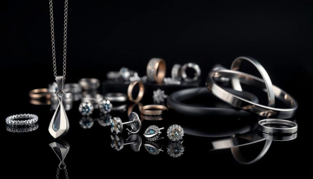 A well-lit, high-contrast studio photograph of an assortment of stainless steel jewelry items on a reflective black surface. In the foreground, an elegant pendant necklace, a pair of stud earrings, and a sleek bangle bracelet are arranged in a visually appealing composition. The middle ground features a range of additional jewelry pieces, including rings, bracelets, and charms, showcasing the supplier's diverse product line. The background is a plain black backdrop, allowing the stainless steel shine and reflections to be the focal point. The lighting is directional, creating dramatic shadows and highlights that accentuate the jewelry's intricate details and mirror-like finish. The overall mood is sophisticated, modern, and showcases the high-quality craftsmanship of the stainless steel jewelry.