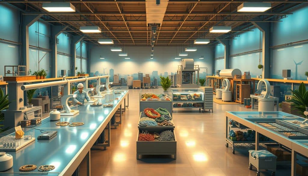 A well-lit, high-resolution 3D illustration of a sustainable jewelry manufacturing facility. In the foreground, a gleaming, eco-friendly production line with workers using innovative, energy-efficient tools and techniques. The middle ground features a showcase of recycled, reclaimed, and ethically-sourced jewelry materials. In the background, a panoramic view of the facility's renewable energy systems, water treatment infrastructure, and waste management processes. The overall scene conveys a sense of environmental responsibility, innovation, and craftsmanship within the anti-tarnish jewelry industry.