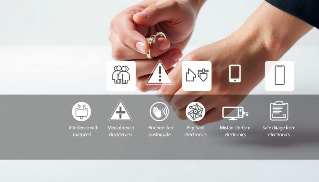 A well-lit, high-resolution image showcasing various safety considerations for wearing magnetic bracelets. In the foreground, a pair of hands carefully clasping a magnetic bracelet, highlighting its construction and magnetic components. In the middle ground, a series of informative pictograms illustrating potential hazards, such as interference with medical devices, pinched skin, and safe distance from electronics. The background features a clean, minimalist backdrop, allowing the safety information to take center stage. The lighting is soft and even, emphasizing the professional and educational nature of the image. The overall composition and attention to detail convey a sense of authority and expertise on the subject matter. A well-lit, high-resolution image showcasing various safety considerations for wearing magnetic bracelets. In the foreground, a pair of hands carefully clasping a magnetic bracelet, highlighting its construction and magnetic components. In the middle ground, a series of informative pictograms illustrating potential hazards, such as interference with medical devices, pinched skin, and safe distance from electronics. The background features a clean, minimalist backdrop, allowing the safety information to take center stage. The lighting is soft and even, emphasizing the professional and educational nature of the image. The overall composition and attention to detail convey a sense of authority and expertise on the subject matter.