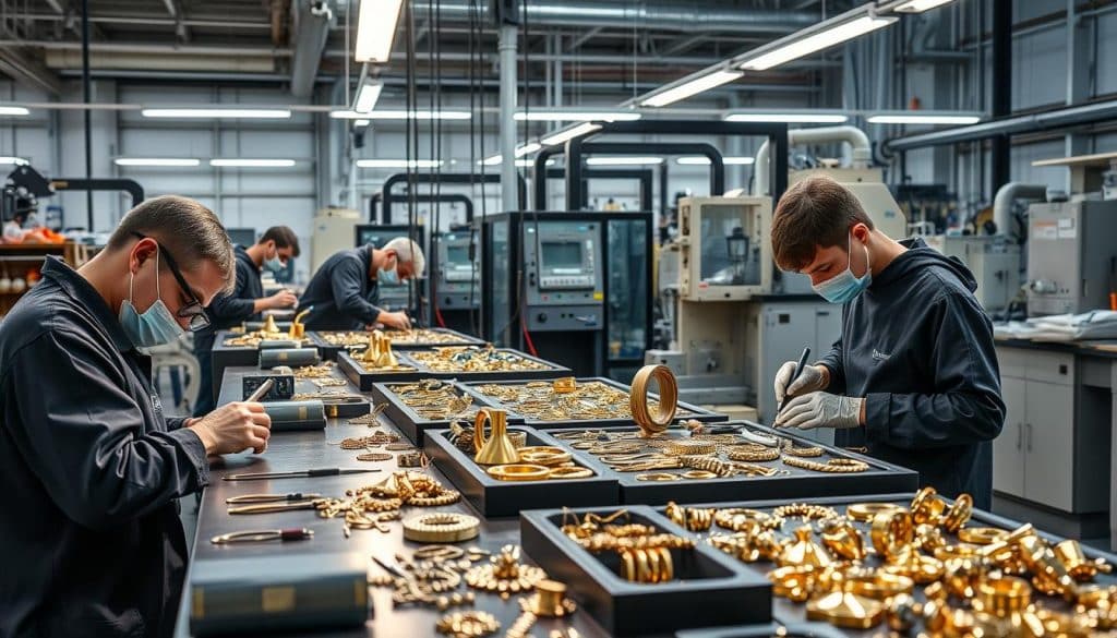 A well-lit, high-resolution photograph of a modern jewelry manufacturing workshop, focused on the intricate process of creating custom anti-tarnish jewelry. In the foreground, skilled artisans carefully solder, polish, and assemble precious metal components using specialized tools and techniques. The middle ground showcases the various stages of the production line, from raw materials to finished pieces, highlighting the attention to detail and quality control. In the background, state-of-the-art equipment and machinery facilitate the efficient and consistent creation of these tarnish-resistant treasures, conveying a sense of innovation and technological sophistication.