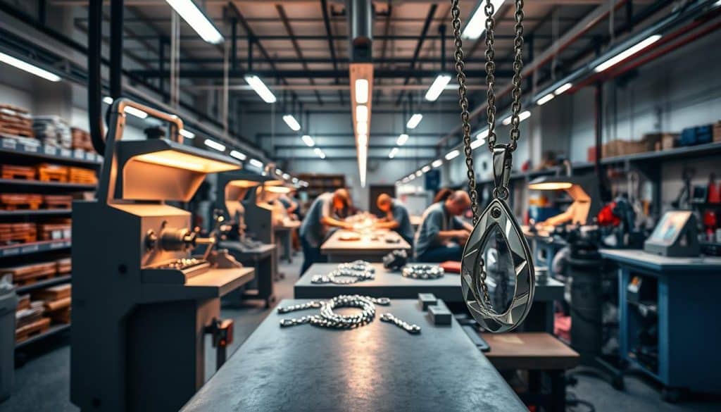 A well-lit stainless steel jewelry manufacturing facility, with sleek modern machinery and skilled artisans carefully crafting intricate, lustrous jewelry pieces. In the foreground, a polished stainless steel necklace pendant catching the light, showcasing the material's brilliant sheen. The middle ground features workers using precision tools to shape and finish the jewelry, their movements fluid and practiced. The background reveals the organized workspace, with shelves of raw materials, polishing stations, and quality control areas. The overall atmosphere is one of precise, high-quality production, reflecting the attention to detail required for exceptional stainless steel jewelry.