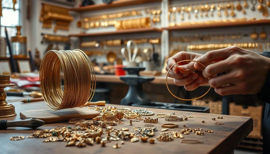 A well-lit studio, with a brass wire coil and various brass charms, beads, and findings laid out on a wooden workbench. In the foreground, a skilled artisan's hands delicately manipulate the metal, shaping and twisting it into a captivating HonHo Jewelry design. The middle ground showcases a range of brass-crafting tools, including pliers, hammers, and a small anvil. The background features shelves displaying an array of finished HonHo Jewelry pieces, their warm, golden tones reflecting the artist's expertise and passion for the craft. A well-lit studio, with a brass wire coil and various brass charms, beads, and findings laid out on a wooden workbench. In the foreground, a skilled artisan's hands delicately manipulate the metal, shaping and twisting it into a captivating HonHo Jewelry design. The middle ground showcases a range of brass-crafting tools, including pliers, hammers, and a small anvil. The background features shelves displaying an array of finished HonHo Jewelry pieces, their warm, golden tones reflecting the artist's expertise and passion for the craft.
