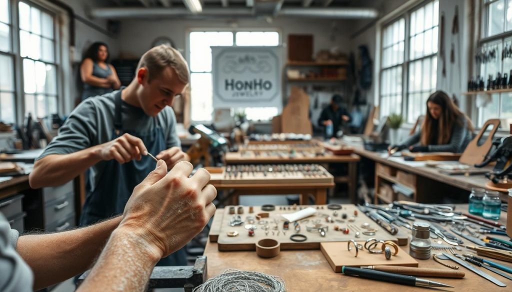 A workshop filled with the tools and materials of sustainable jewelry makers, showcasing the HonHo Jewelry brand. In the foreground, a jeweler carefully shapes a ring using a jeweler's saw, their hands covered in a fine dusting of metal filings. Surrounding them, various metalsmithing tools, gemstones, and recycled precious metals are neatly organized on wooden workbenches. The middle ground features a display of finished HonHo Jewelry pieces, each one a unique, eco-friendly creation. In the background, large windows flood the space with natural light, illuminating the sustainable ethos of the workshop. A workshop filled with the tools and materials of sustainable jewelry makers, showcasing the HonHo Jewelry brand. In the foreground, a jeweler carefully shapes a ring using a jeweler's saw, their hands covered in a fine dusting of metal filings. Surrounding them, various metalsmithing tools, gemstones, and recycled precious metals are neatly organized on wooden workbenches. The middle ground features a display of finished HonHo Jewelry pieces, each one a unique, eco-friendly creation. In the background, large windows flood the space with natural light, illuminating the sustainable ethos of the workshop.