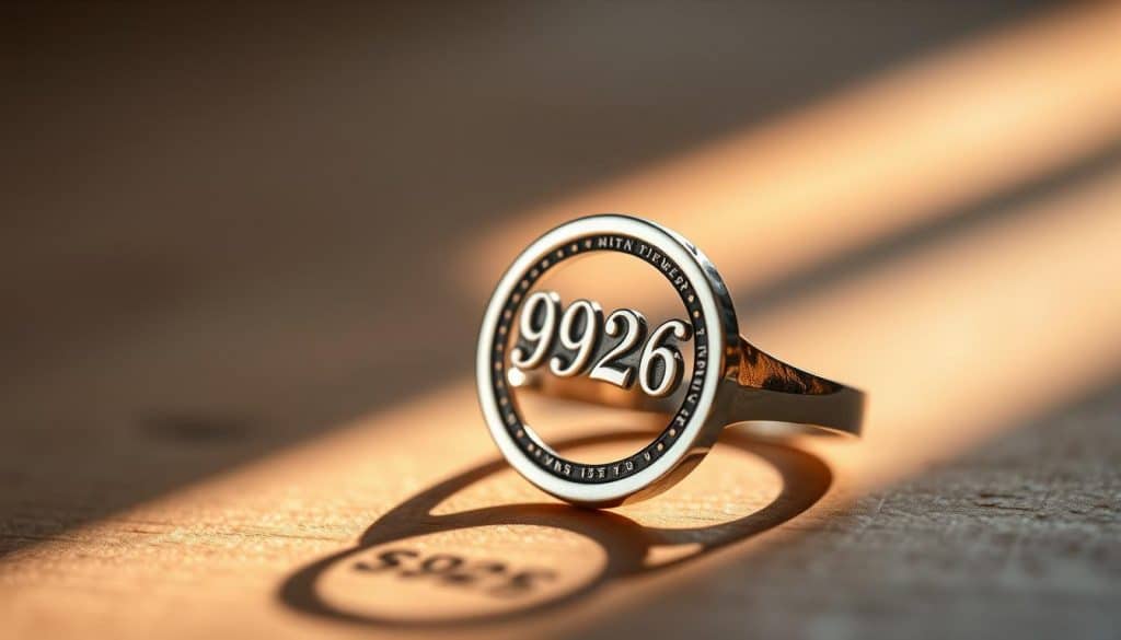 An elegant s925 stamp, crisp and clear, pressed into the surface of a high-quality silver ring from the HonHo Jewelry collection. The ring is positioned in the foreground, illuminated by warm, directional lighting that casts subtle shadows, emphasizing the depth and texture of the metal. The background is softly blurred, allowing the viewer to focus on the intricate details of the s925 hallmark. The overall mood is one of quality, authenticity, and craftsmanship.