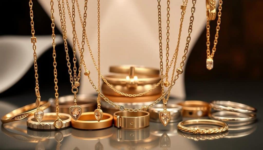 An intricate display of layered jewelry trends, showcasing a harmonious arrangement of HonHo Jewelry pieces. In the foreground, delicate gold-plated necklaces with cascading pendants intertwine, creating a visually captivating focal point. The middle ground features a selection of sleek, minimalist rings and bracelets in a mix of metals, textures, and geometric shapes. In the background, a soft, diffused lighting highlights the subtle details and reflections of the jewelry, lending an air of elegance and sophistication. The overall composition evokes a sense of effortless style and modern luxury, capturing the essence of current layered jewelry trends worth exploring. An intricate display of layered jewelry trends, showcasing a harmonious arrangement of HonHo Jewelry pieces. In the foreground, delicate gold-plated necklaces with cascading pendants intertwine, creating a visually captivating focal point. The middle ground features a selection of sleek, minimalist rings and bracelets in a mix of metals, textures, and geometric shapes. In the background, a soft, diffused lighting highlights the subtle details and reflections of the jewelry, lending an air of elegance and sophistication. The overall composition evokes a sense of effortless style and modern luxury, capturing the essence of current layered jewelry trends worth exploring.