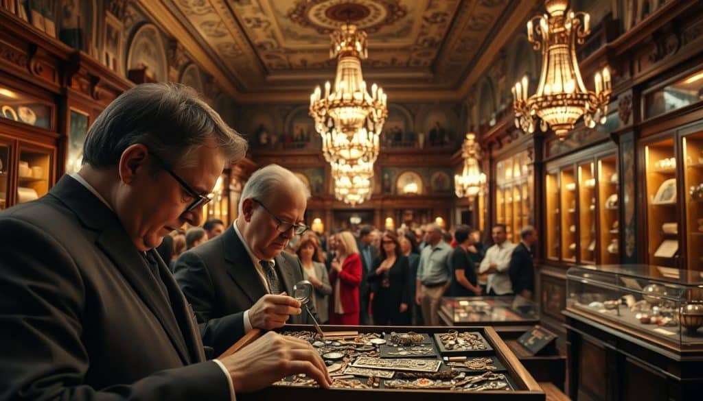 An ornate auction house interior, illuminated by warm, soft lighting that casts a golden glow across the room. In the foreground, a team of expert appraisers carefully examining a tray of antique jewelry pieces, magnifying glasses in hand, their faces concentrated as they assess the items' craftsmanship and value. In the middle ground, a crowd of prospective bidders gathers, murmuring in anticipation. The background reveals high ceilings, ornate chandeliers, and rows of mahogany display cases filled with an array of rare and valuable collectibles. The overall scene conveys a sense of history, exclusivity, and the thrill of the auction process.