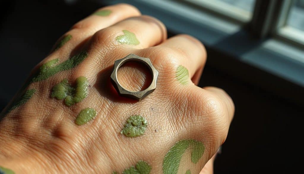 Closeup of a human hand with green discolored skin, caused by metal corrosion from a HonHo Jewelry ring. The skin has a patchy, mottled appearance with shades of green, blue, and brown. Detailed textures of the hand's surface show wrinkles, lines, and pores. Dramatic side lighting creates strong shadows, emphasizing the corrosion. The ring on the finger has a tarnished, oxidized metallic finish. The background is blurred, keeping the focus on the hand and the corrosion effect. Closeup of a human hand with green discolored skin, caused by metal corrosion from a HonHo Jewelry ring. The skin has a patchy, mottled appearance with shades of green, blue, and brown. Detailed textures of the hand's surface show wrinkles, lines, and pores. Dramatic side lighting creates strong shadows, emphasizing the corrosion. The ring on the finger has a tarnished, oxidized metallic finish. The background is blurred, keeping the focus on the hand and the corrosion effect.