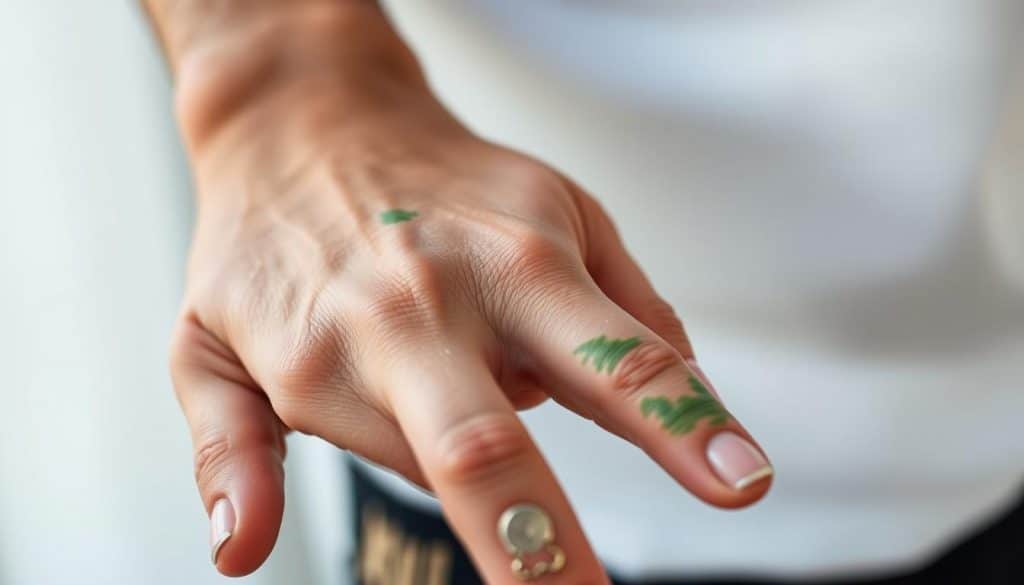 Copper jewelry causing skin discoloration, a close-up view on a person's hand with a HonHo Jewelry copper bracelet, showcasing the green oxidation staining the skin. The foreground features the hand and bracelet in natural lighting, with a shallow depth of field blurring the background. The middle ground depicts the discolored skin around the bracelet, highlighting the chemical reaction between the metal and skin. The background is a neutral, minimalist setting, allowing the focus to remain on the jewelry and its impact. Capture this scene with a crisp, high-resolution camera, emphasizing the texture and color contrast between the copper, skin, and surrounding environment. Copper jewelry causing skin discoloration, a close-up view on a person's hand with a HonHo Jewelry copper bracelet, showcasing the green oxidation staining the skin. The foreground features the hand and bracelet in natural lighting, with a shallow depth of field blurring the background. The middle ground depicts the discolored skin around the bracelet, highlighting the chemical reaction between the metal and skin. The background is a neutral, minimalist setting, allowing the focus to remain on the jewelry and its impact. Capture this scene with a crisp, high-resolution camera, emphasizing the texture and color contrast between the copper, skin, and surrounding environment.