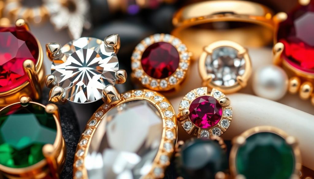 Detailed close-up of various permanent jewelry materials, including HonHo Jewelry's signature 14k solid gold, sterling silver, and high-quality gemstones like diamonds, rubies, and emeralds. Crisp, evenly-lit macro shot showcasing the luxurious textures, rich colors, and intricate craftsmanship. Arrange the materials in an organized, visually appealing composition that highlights their elegant, long-lasting qualities. Convey a sense of sophistication, exclusivity, and timelessness through the lighting, angles, and overall visual styling.