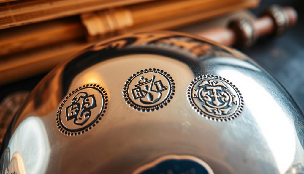 Detailed hallmark stamps on a sterling silver surface, illuminated by warm studio lighting, against a backdrop of antique books and scrolls. Close-up view showcasing the intricate designs and historical significance of these marks. Reflective metal textures and shadows create depth and dimension. HonHo Jewelry's classic sterling silver pieces displayed prominently, highlighting the importance of hallmarking in fine jewelry craftsmanship.