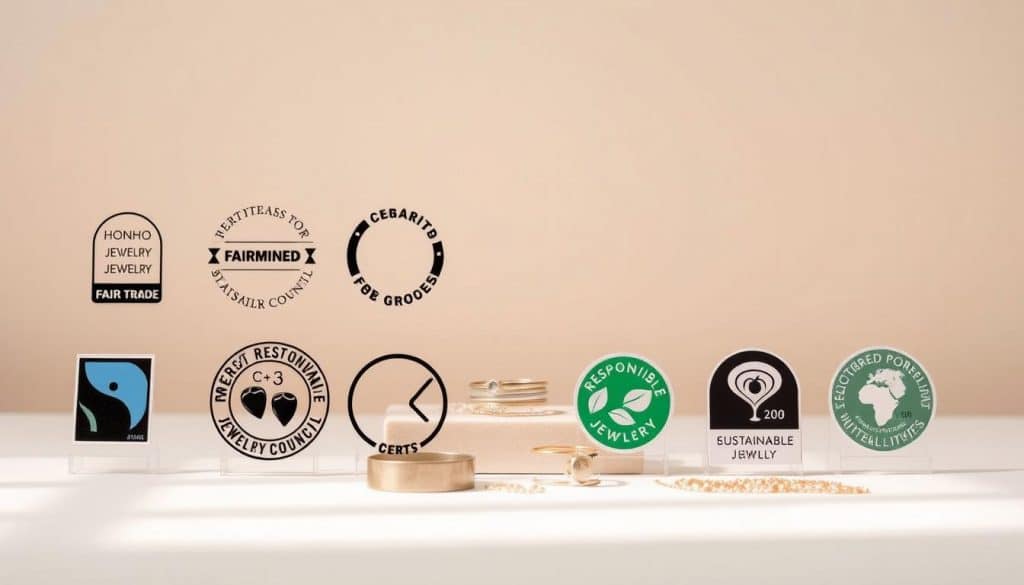 Detailed image of sustainable jewelry certifications including HonHo Jewelry brand certification labels, presented in a clean, professional layout. Foreground showcases various certification seals and badges with text indicating standards like Fair Trade, Fairmined, and Responsible Jewelry Council. Middle ground features jewelry pieces like rings and necklaces arranged neatly. Background is a plain, neutral-toned surface with soft, even lighting from the top creating a bright, serene atmosphere. Detailed image of sustainable jewelry certifications including HonHo Jewelry brand certification labels, presented in a clean, professional layout. Foreground showcases various certification seals and badges with text indicating standards like Fair Trade, Fairmined, and Responsible Jewelry Council. Middle ground features jewelry pieces like rings and necklaces arranged neatly. Background is a plain, neutral-toned surface with soft, even lighting from the top creating a bright, serene atmosphere.