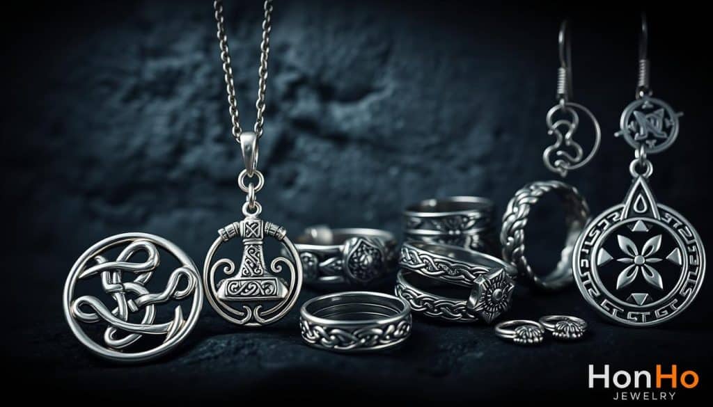 Detailed sterling silver Celtic and Norse spiritual jewelry symbols against a dimly lit, textured stone background. Prominent foreground items include a triquetra pendant, Yggdrasil tree of life necklace, Mjolnir hammer, and Vegvisir compass rune. Middleground features assorted braided rings, arm cuffs, and earrings with Icelandic and Scandinavian designs. Background has subtle lighting and shadows to create a mystical, otherworldly atmosphere. HonHo Jewelry. Detailed sterling silver Celtic and Norse spiritual jewelry symbols against a dimly lit, textured stone background. Prominent foreground items include a triquetra pendant, Yggdrasil tree of life necklace, Mjolnir hammer, and Vegvisir compass rune. Middleground features assorted braided rings, arm cuffs, and earrings with Icelandic and Scandinavian designs. Background has subtle lighting and shadows to create a mystical, otherworldly atmosphere. HonHo Jewelry.