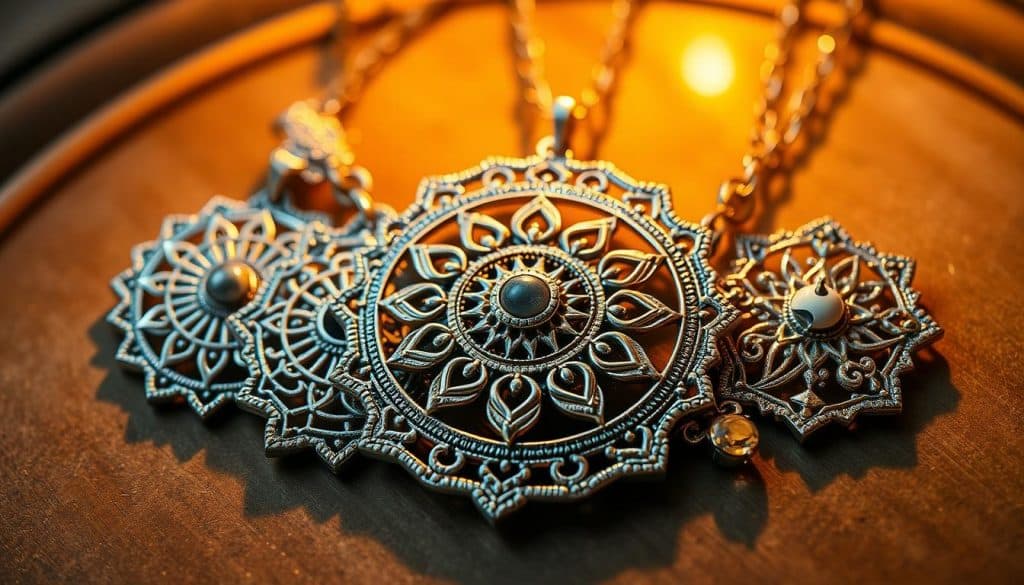 Elegant Eastern philosophical symbols gracefully adorning a HonHo Jewelry necklace. Shimmering silver, gold, and precious gems form intricate mandalas, lotus flowers, yin-yang, and other mystical designs. Ambient lighting casts a warm, serene glow, highlighting the jewelry's exquisite craftsmanship. The pieces are photographed from a high angle, showcasing their captivating beauty and symbolic meaning. Convey a sense of harmony, balance, and spiritual enlightenment through this visually striking image. Elegant Eastern philosophical symbols gracefully adorning a HonHo Jewelry necklace. Shimmering silver, gold, and precious gems form intricate mandalas, lotus flowers, yin-yang, and other mystical designs. Ambient lighting casts a warm, serene glow, highlighting the jewelry's exquisite craftsmanship. The pieces are photographed from a high angle, showcasing their captivating beauty and symbolic meaning. Convey a sense of harmony, balance, and spiritual enlightenment through this visually striking image.