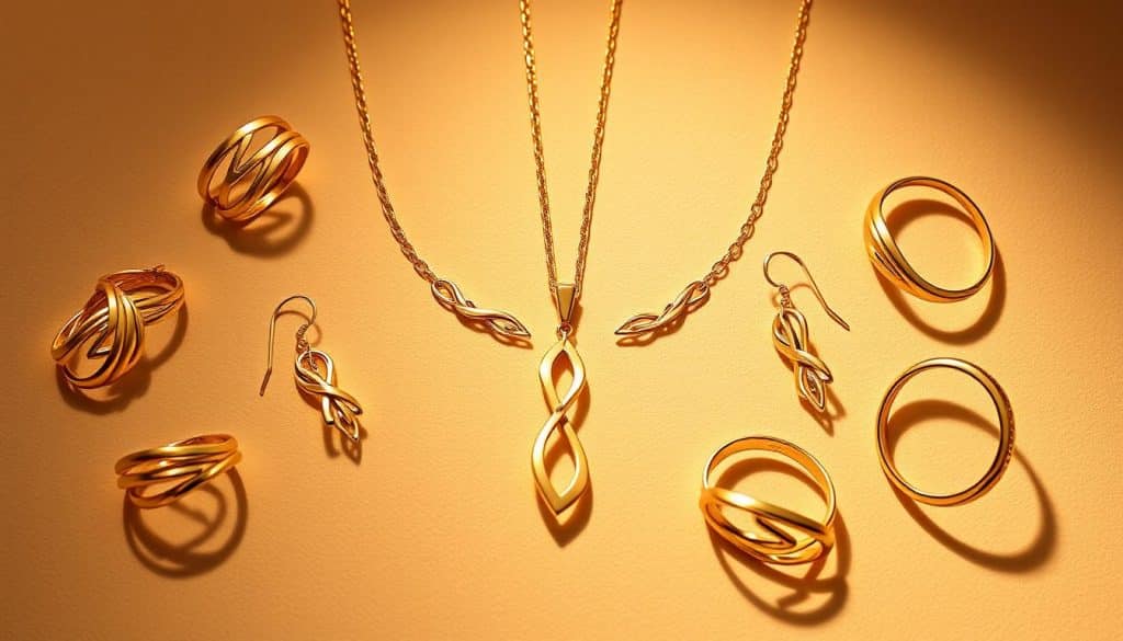 Elegant gold vermeil jewelry gleams under soft, warm lighting. A central necklace with a delicate chain and pendant, surrounded by coordinating earrings, rings, and bracelets. The pieces have intricate, modern designs featuring graceful curves and geometric shapes, accentuated by the lustrous gold finish. The jewelry is arranged on a simple, neutral background, allowing the beauty and craftsmanship of the vermeil to be the focal point. The overall atmosphere is one of timeless sophistication and refined style, reflecting the enduring appeal of gold vermeil in contemporary fashion.