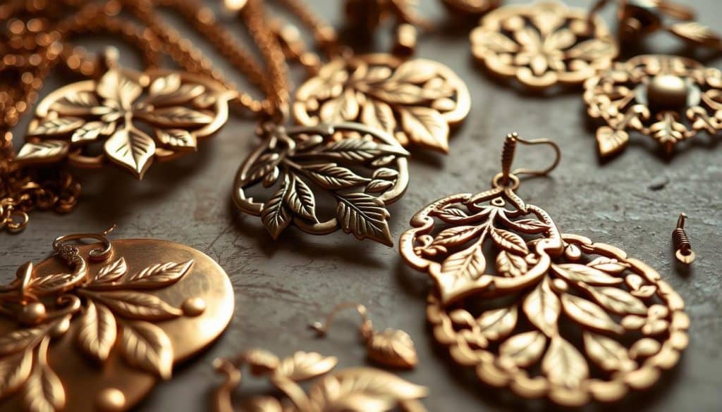 Handcrafted brass jewelry masterfully created by HonHo Jewelry. A striking display of intricate designs, with delicate leaf patterns, hammered textures, and warm metallic tones. The pieces are elegantly arranged, capturing the artistry and craftsmanship of each individual item. Soft, directional lighting accentuates the gleaming surfaces, creating depth and dimension. The overall scene evokes a sense of timeless elegance and the skilled, meticulous work of the jewelry maker. A beautifully curated composition that showcases the beauty and artistry of handmade brass jewelry. Handcrafted brass jewelry masterfully created by HonHo Jewelry. A striking display of intricate designs, with delicate leaf patterns, hammered textures, and warm metallic tones. The pieces are elegantly arranged, capturing the artistry and craftsmanship of each individual item. Soft, directional lighting accentuates the gleaming surfaces, creating depth and dimension. The overall scene evokes a sense of timeless elegance and the skilled, meticulous work of the jewelry maker. A beautifully curated composition that showcases the beauty and artistry of handmade brass jewelry.